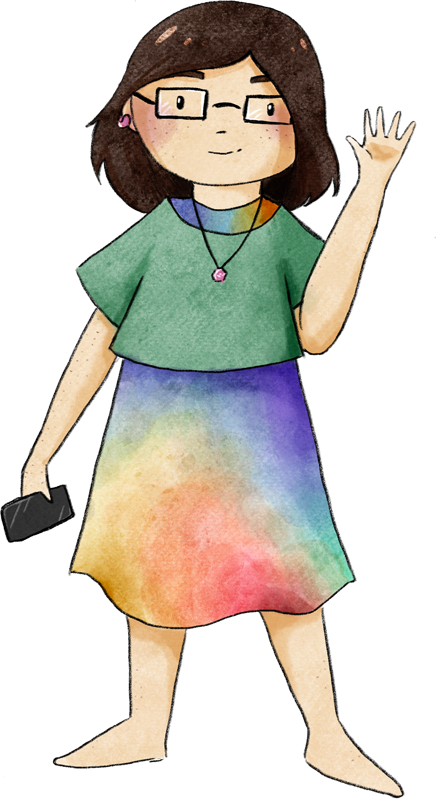 DrawSelfpotrait of Evolana. A Person with glasses is waving, they have an Smartphone in their Hand. They wear a rainbow dress and a mint top.